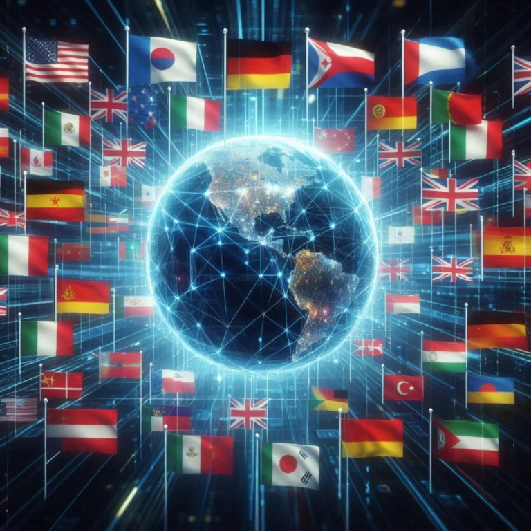 Flags of multiple countries connected by digital lines, symbolizing global cooperation in cybersecurity.