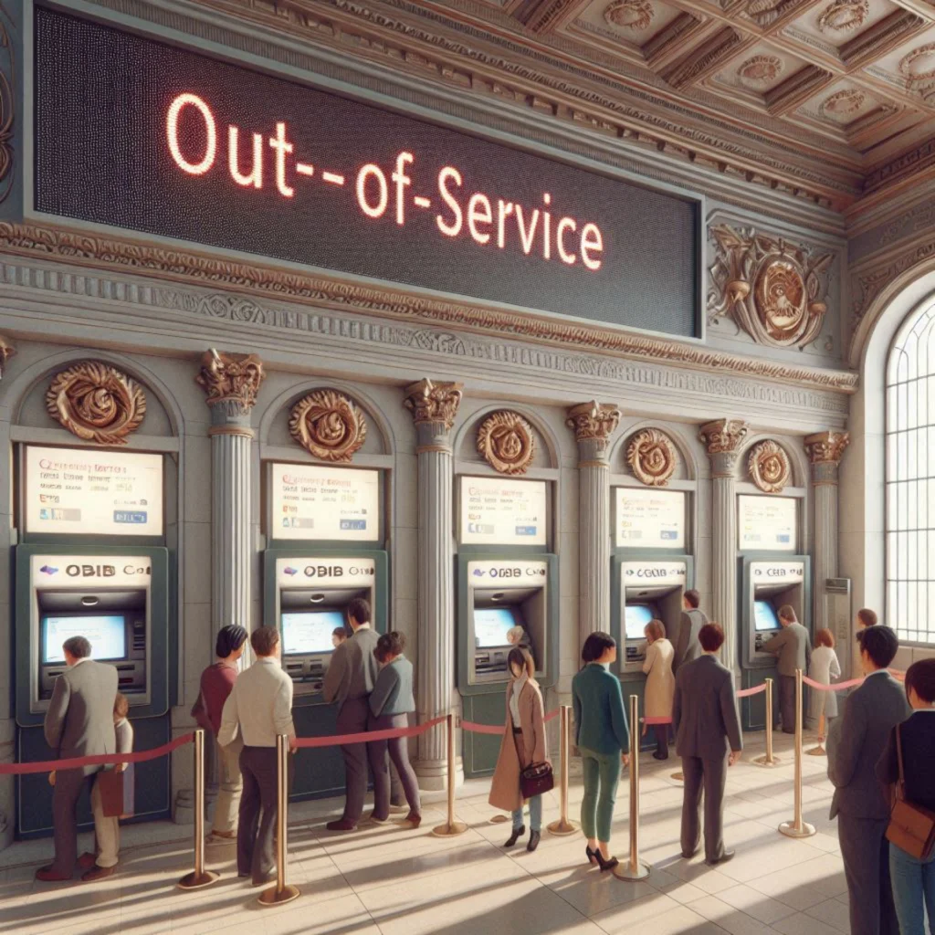 Bank interior with queues and out-of-service ATMs due to cyber outage.