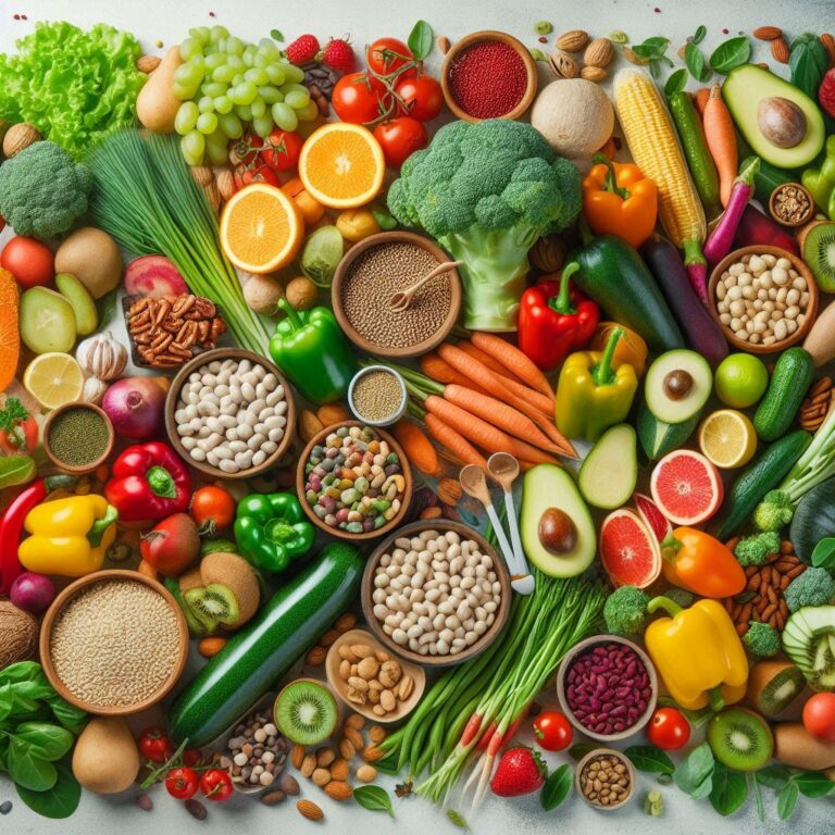 A vibrant array of plant-based foods including fresh vegetables, fruits, legumes, nuts, and grains arranged artfully, showcasing the diversity and appeal of plant-based eating.