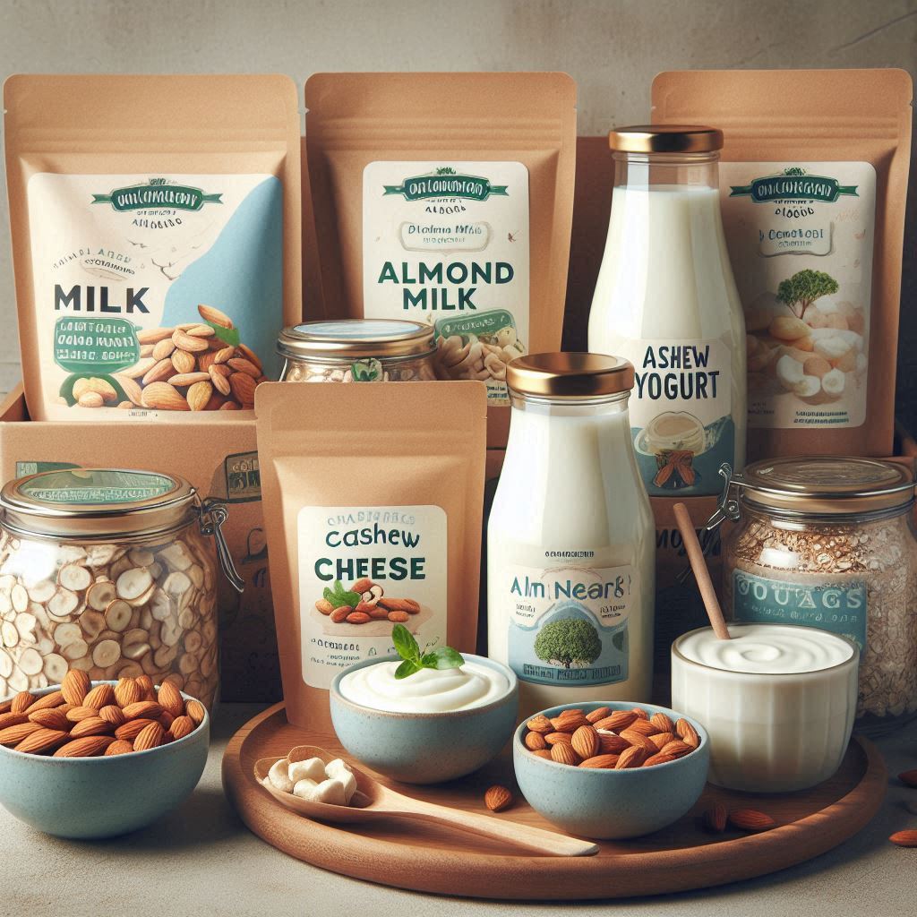 A variety of plant-based dairy alternatives, including almond milk, cashew cheese, and oat yogurt, displayed in an appealing way with natural and organic packaging.