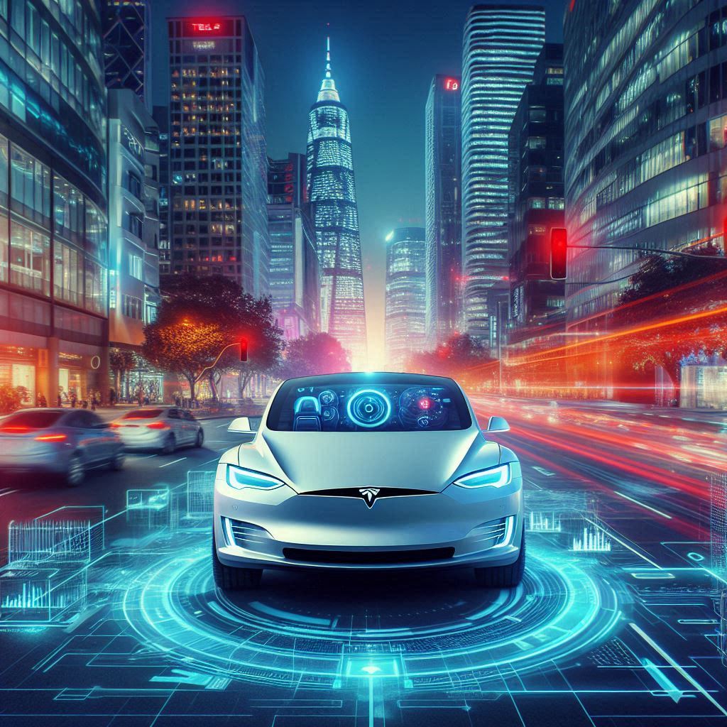 Futuristic car with Tesla Autopilot navigating through a city.