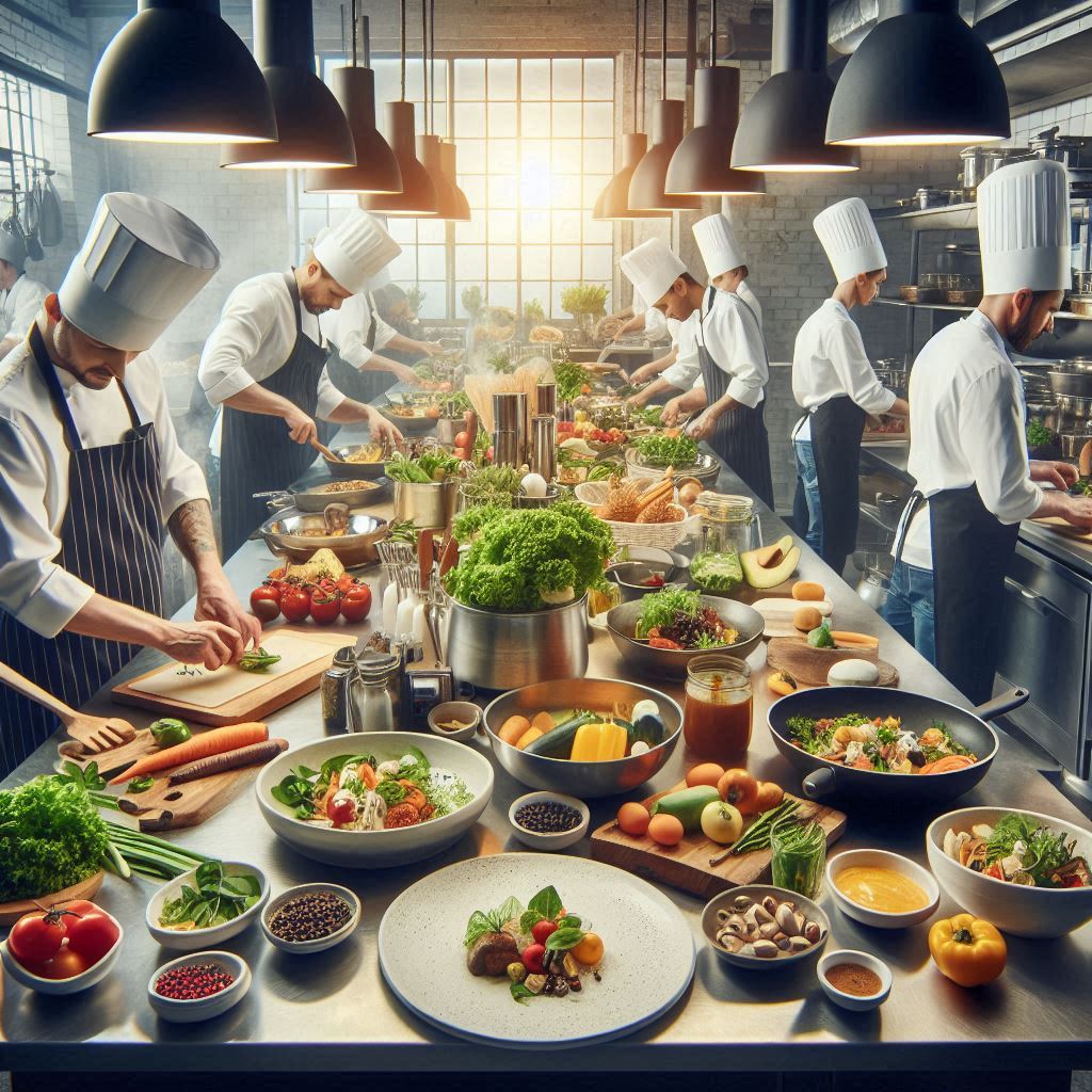 A busy kitchen scene with chefs preparing innovative plant-based dishes using fresh ingredients and modern kitchen equipment, showcasing the creativity in plant-based cooking.