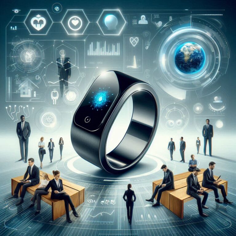 Close-up image of a sleek, modern smart ring highlighting its advanced features, symbolizing the future of wearable technology beyond smartwatches, with a focus on health tracking, contactless payments, and smart home integration.