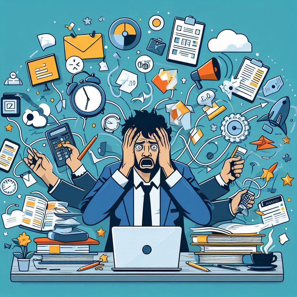 Overwhelmed person surrounded by icons for tasks like scheduling and data management.