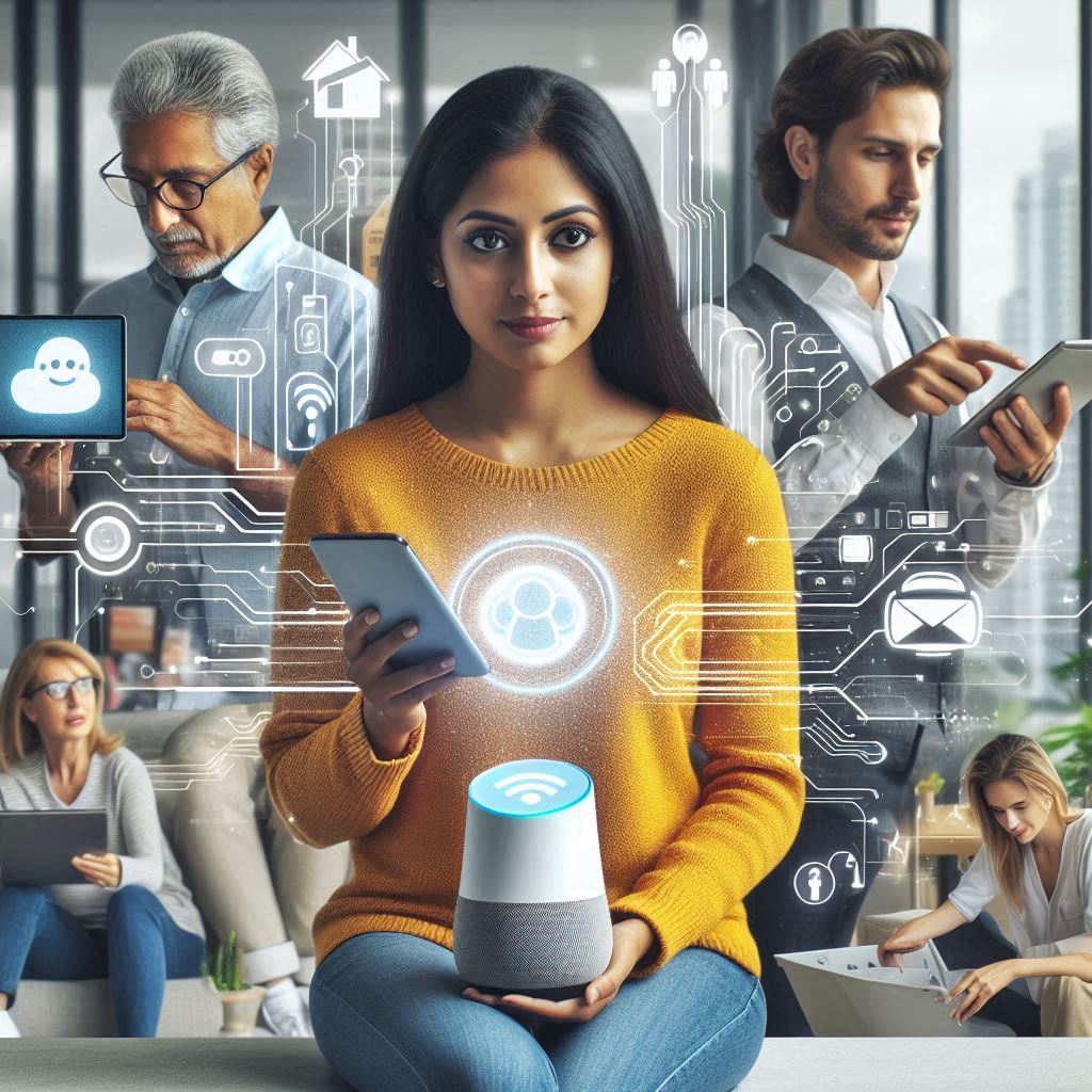 Diverse people using AI tools like virtual assistants and smart home devices.