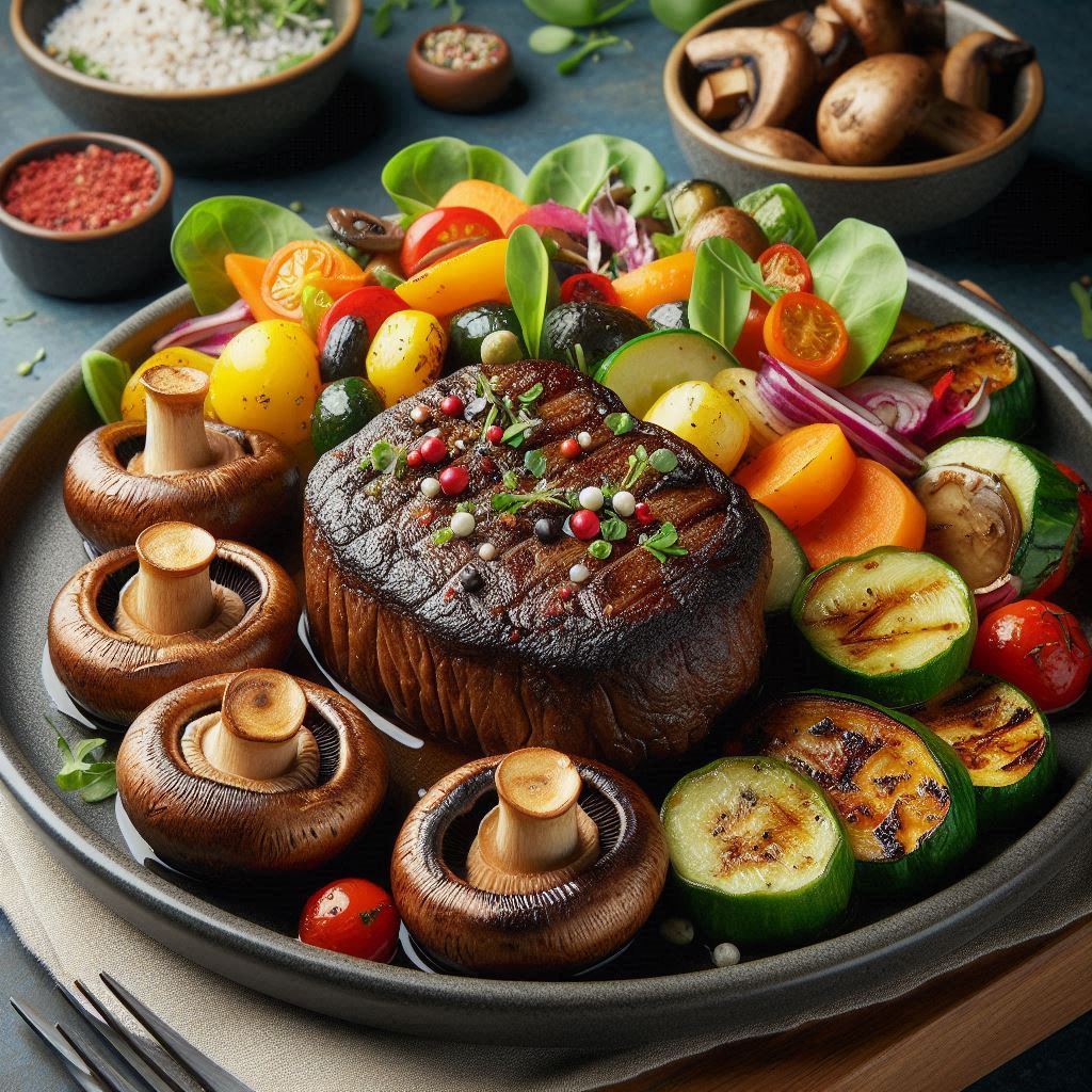 A gourmet plant-based meal featuring a mushroom-based steak, roasted vegetables, and a colorful salad, highlighting the texture and appeal of plant-based innovations.