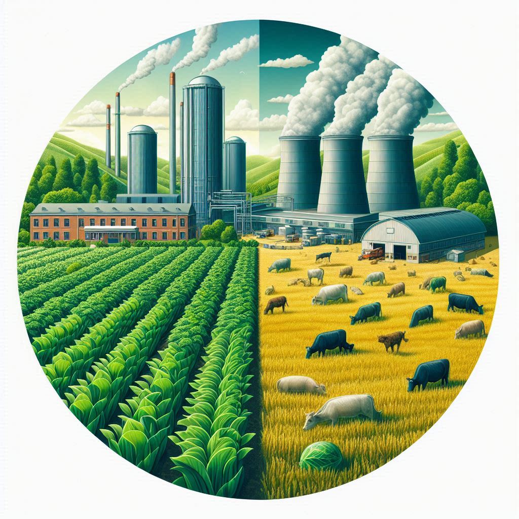 An environmental impact comparison between a lush green field of crops and a resource-intensive factory farm, emphasizing the sustainability of plant-based agriculture.