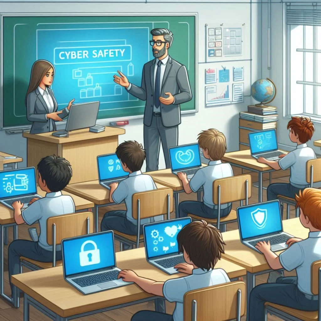 Classroom with teacher explaining cyber safety to students with laptops.